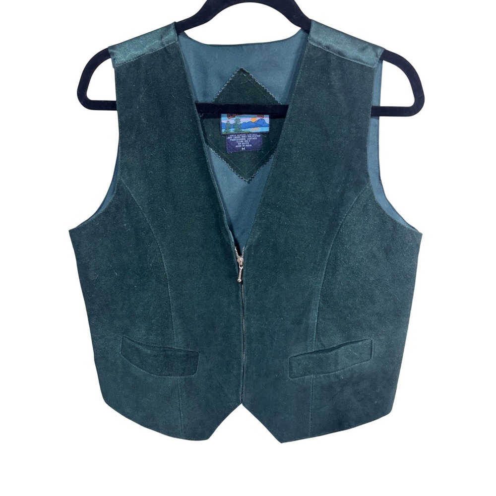 Vintage Shaver Lake‎ M Green Leather Vest Women's Zip Front Suede Boho Western